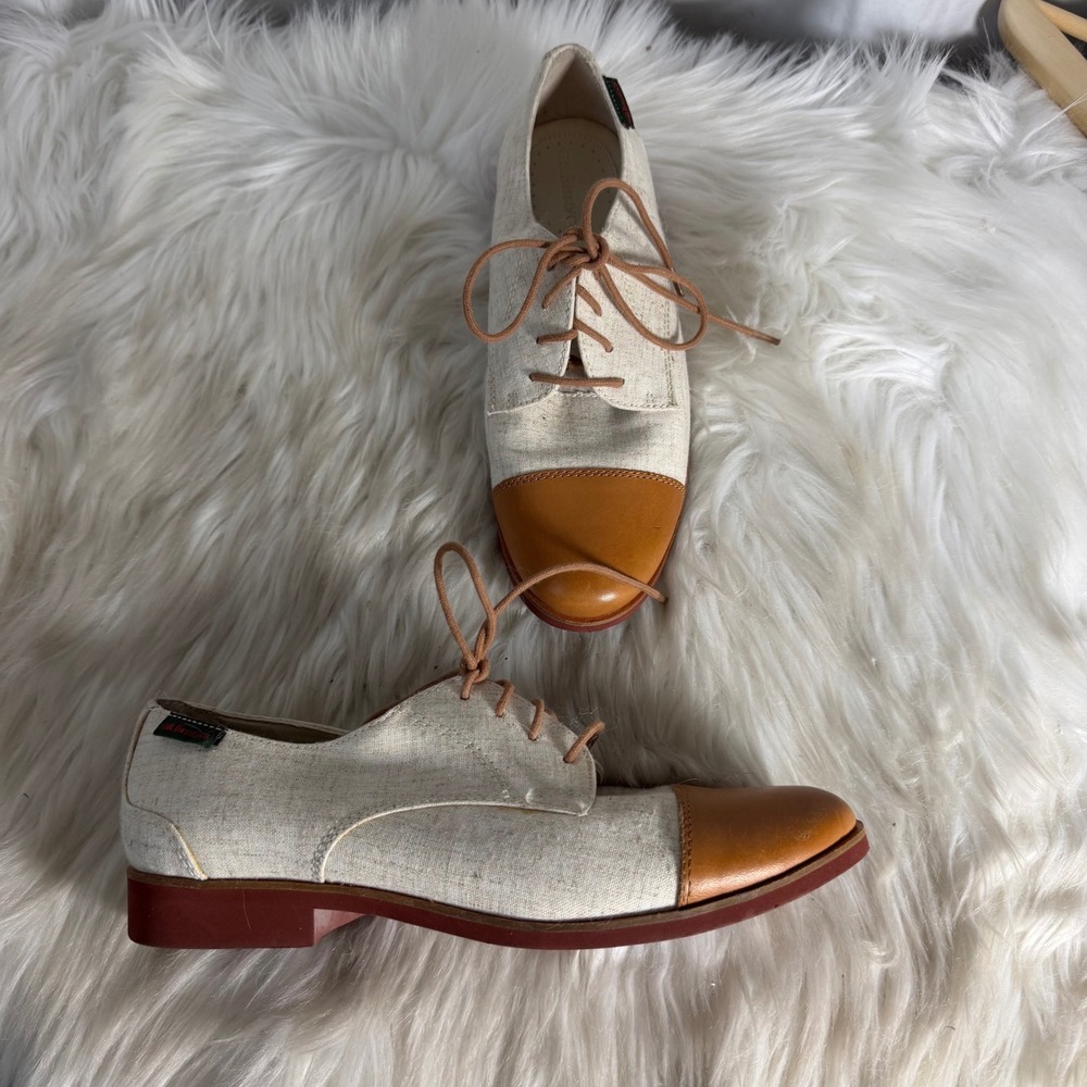 G.H. Bass & Co Evelyn Linen Leather Cap Toe Oxford Shoes Cream Tan 7.5M 3204-250